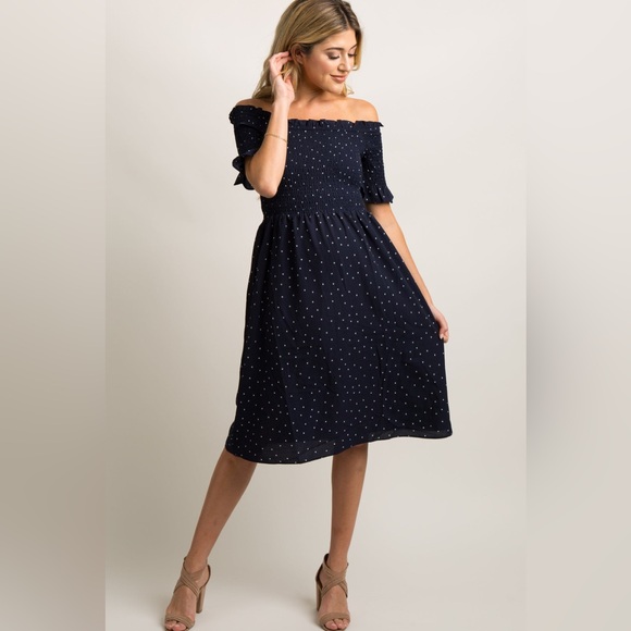 Pinkblush Dresses & Skirts - Vine & Love Navy Polka Dot Smocked Bardot Dress